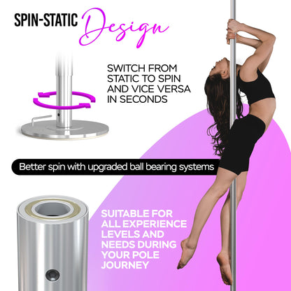 ILOGICASE Spinning Dancing Pole for Home | Portable and Heavy Duty 45mm Dance Pole Apartment Friendly, Adjustable Height 7ft to 11ft, w/Pole Conditioning Bands Set, LED Light and Carry Bags (Chrome)