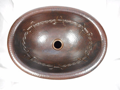 SimplyCopper 16" Oval Rustic Copper Bathroom Sink with Barbed Wire Design