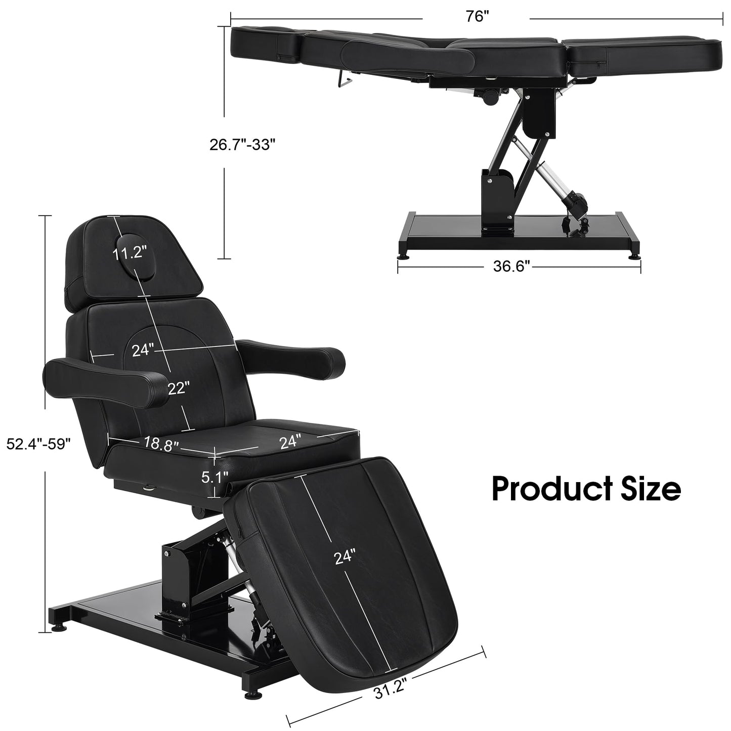 BarberPub Electric Facial Bed, 3-Motor Adjustable Fully Adjustable Esthetician Chair, Tattoo Chair with Thick Cushion, Professional Tattoo Spa Equipment, 2782 (Black)