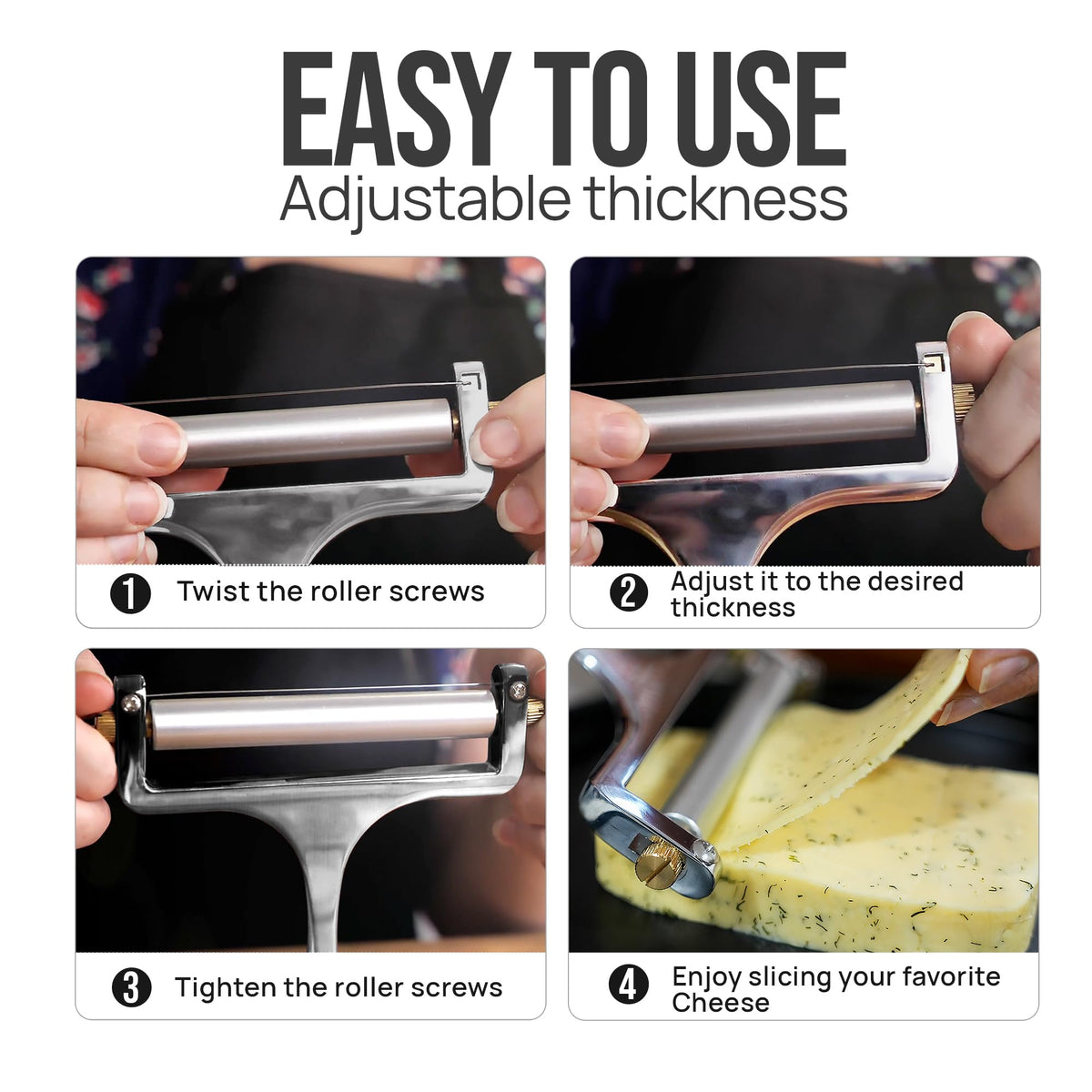 Zulay Kitchen Stainless Steel Wire Cheese Slicer - Adjustable Hand Held Cheese Cutter with 2 Extra Wires - Premium Cheese Shaver for Mozzarella, Cheddar, Gruyere - Cheese Cutter with Wire (Silver)