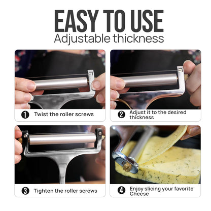 Zulay Kitchen Stainless Steel Wire Cheese Slicer - Adjustable Hand Held Cheese Cutter with 2 Extra Wires - Premium Cheese Shaver for Mozzarella, Cheddar, Gruyere - Cheese Cutter with Wire (Silver)