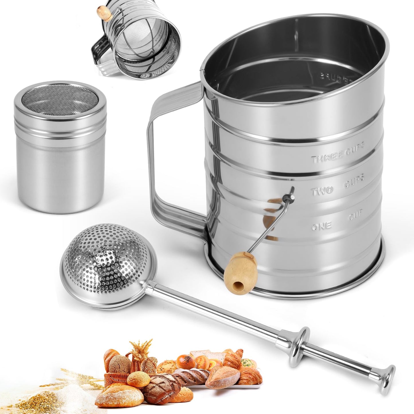 Large Handheld Rotary Flour Sifter Set – Stainless Steel Hand-Crank Sifter with Baking Sifter, Powder Sugar Duster, Shaker Cup & Sifter Stick for Cakes, Bread & Pastry