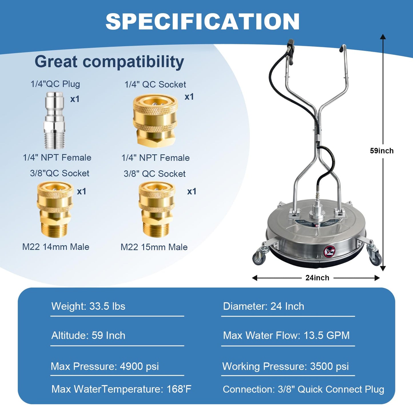 24" Pressure Washer Surface Cleaner with 4 Wheels - Stainless Steel Dual Handle Surface Cleaner 4900 Max PSI, 3/8" Connector & 1/4" Adapter Power Washer Floor Attachment,for Floor Driveway, Patio