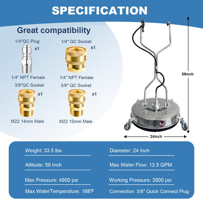 24" Pressure Washer Surface Cleaner with 4 Wheels - Stainless Steel Dual Handle Surface Cleaner 4900 Max PSI, 3/8" Connector & 1/4" Adapter Power Washer Floor Attachment,for Floor Driveway, Patio