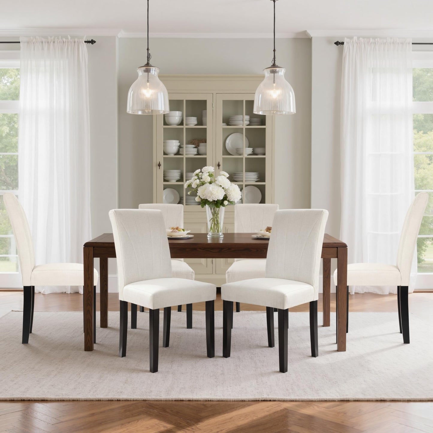 VECELO Upholstered Dining Chairs Set of 6, Modern Fabric and Solid Wood Legs & High Back, Parsons for Kitchen/Living Room- Beige
