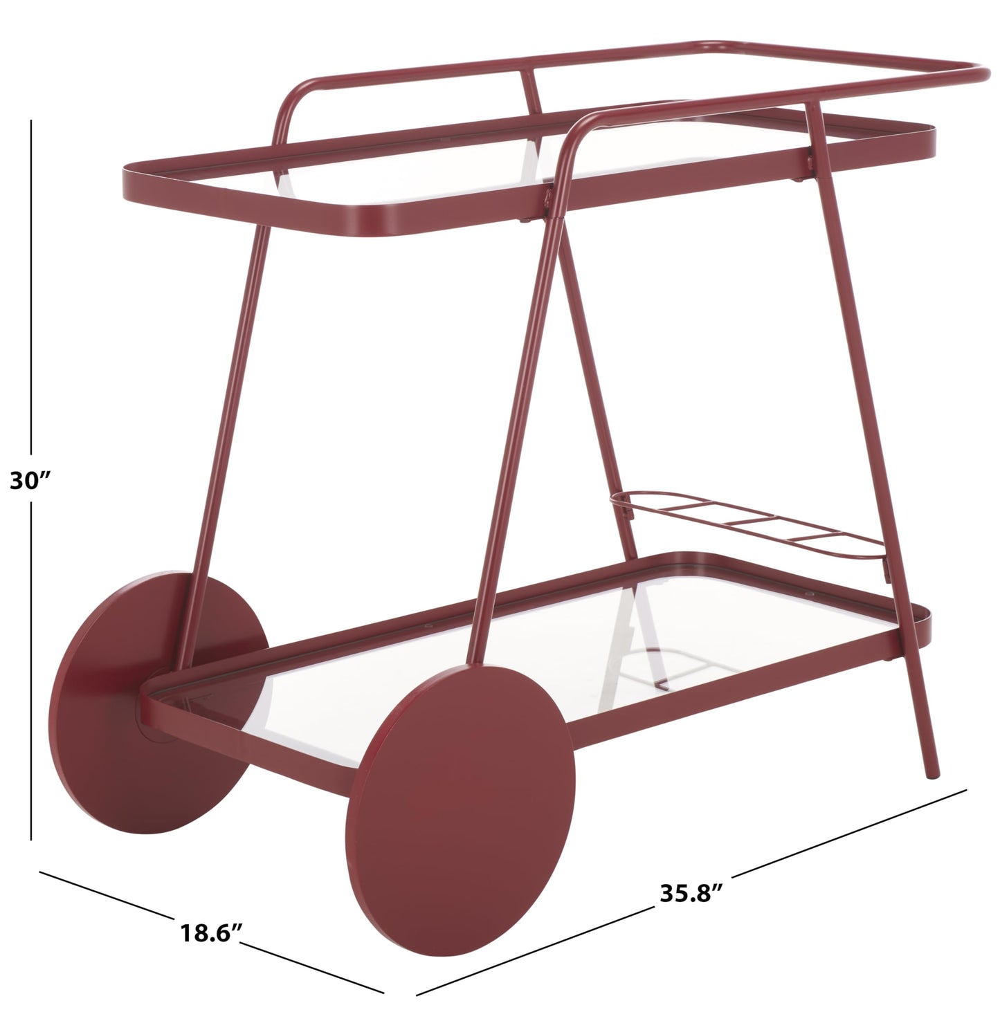 SAFAVIEH Home Collection Zunia Brick Red & Clear Glass 2-Tier Kitchen Dining Bar Cart Trolly with Wheels