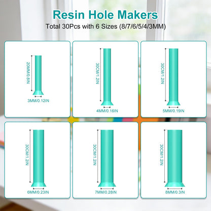 6 Sizes Hole Maker Resin Tool for Resin Mold, Drill-Free Silicone Resin Inserts, Resin Accessories for Epoxy Resin, 30PCS for Resin Jewelry Making & Keychain Crafts