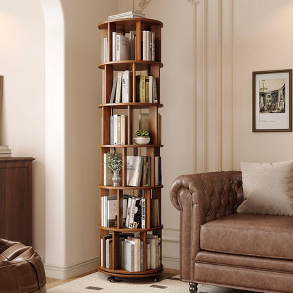 IUNVR Rotating Bookshelf, 6 Tier Solid Wood Bookshelf Tower with Lockable Wheels, 360° Spinning Revolving Bookcase for Small Spaces, Corners, Bedroom, Kids Room, Home Office, Walnut