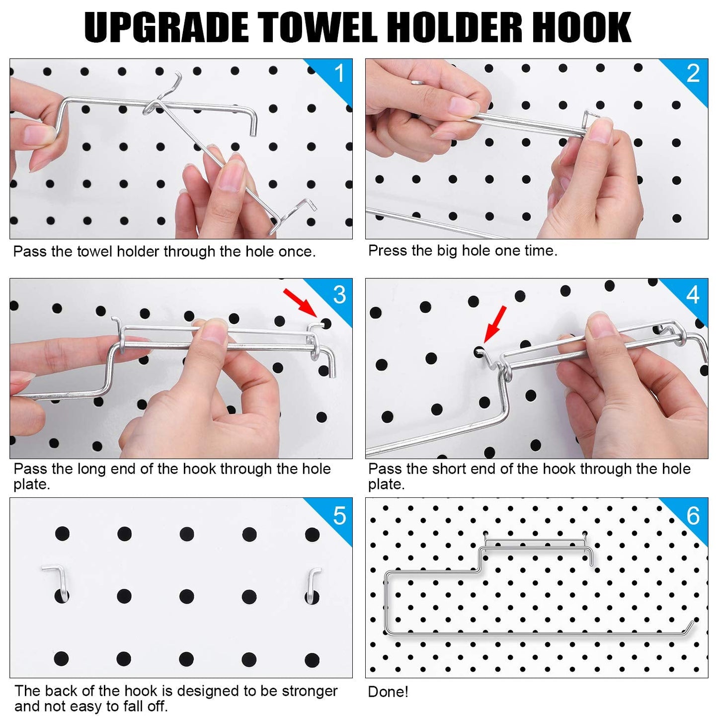 Blulu 4 Packs Pegboard Paper Towel Holder Stainless Steel Pegboard Hooks Organization Accessory for Workshop, Garage, Kitchen, Laundry Room, Bathroom(Silver)
