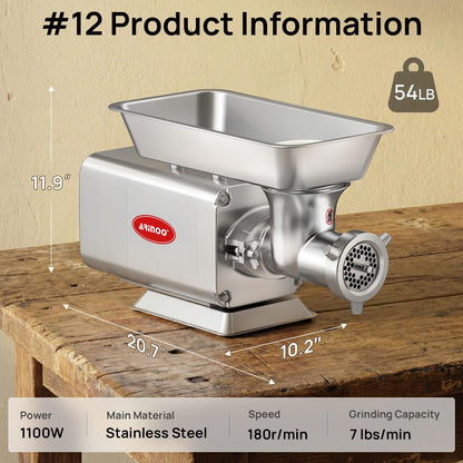 ARINOO Electric Meat Grinder, Grinds Chicken Bones, 1.5 HP Heavy Duty Stainless Steel Commercial #12 Meat Mincer Machine with 2 Plates, 2 Blades and 3 Sausage Tubes for Home Use, 7 Lbs/Min