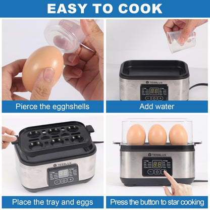 Tesslux Electric Rapid Egg Cooker, 6 Egg Capacity for Hard Boiled Eggs, Poached Eggs, Scrambled Eggs, or Omelets Maker with Auto Shut Off (Sliver)