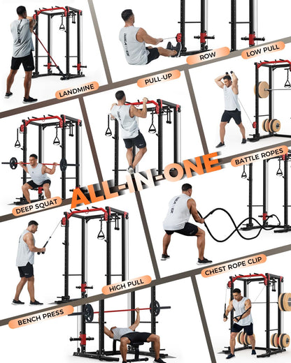 Power Cage for Home Gym, 2000LBS Power Rack with Cable Crossover and Dual Independent Pulley System, Squat Rack with LAT Pull Down System, Workout Cage for for Full Body Training