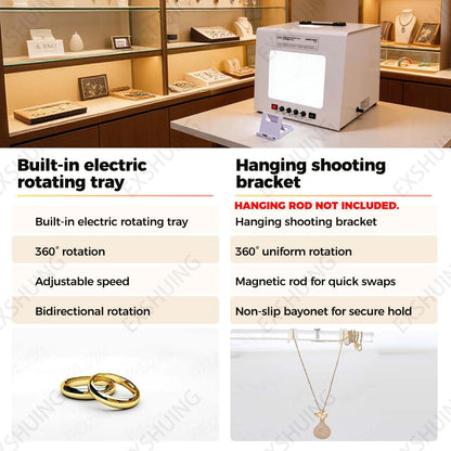 EXSHUING Jewelry Hanging Photography Kit, Product Photography Box – 360° Rotating & Hanging Support, 4 Led Fill Lights, Dimmable Brightness, 3000-5500k, 1kg/2.2lbs Turntable, Rings, Necklaces(TB30)