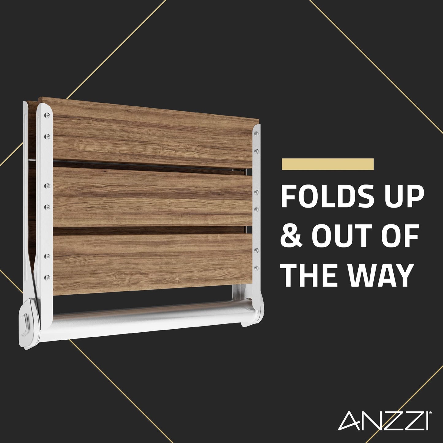 ANZZI Wall Mount Fold Teak Shower Bench | Saxon 18.7 in x 12.4 in Bathroom Accessories Folding Teakwood Shower Seat for Inside Shower for Bathtub | Spa Foldable Wooden Bath Chair for Seniors