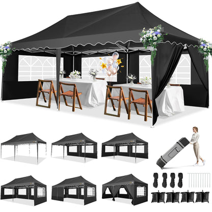 HOTEEL 10x20 Pop Up Canopy with 6 Sidewalls, Easy Setup Party Tent with Wheeled Bag, 4 Weight Bags, Silver Coated Event Shelter for Backyard, Vendor Booths, Black