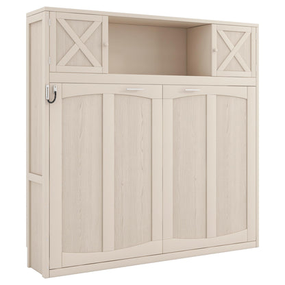 Ball & Cast Full Size Murphy Bed with Storage Cabinet,Wood Hideaway Beds,Folded Wall Bedframe for Bedroom,Guestroom,Space Saving,White