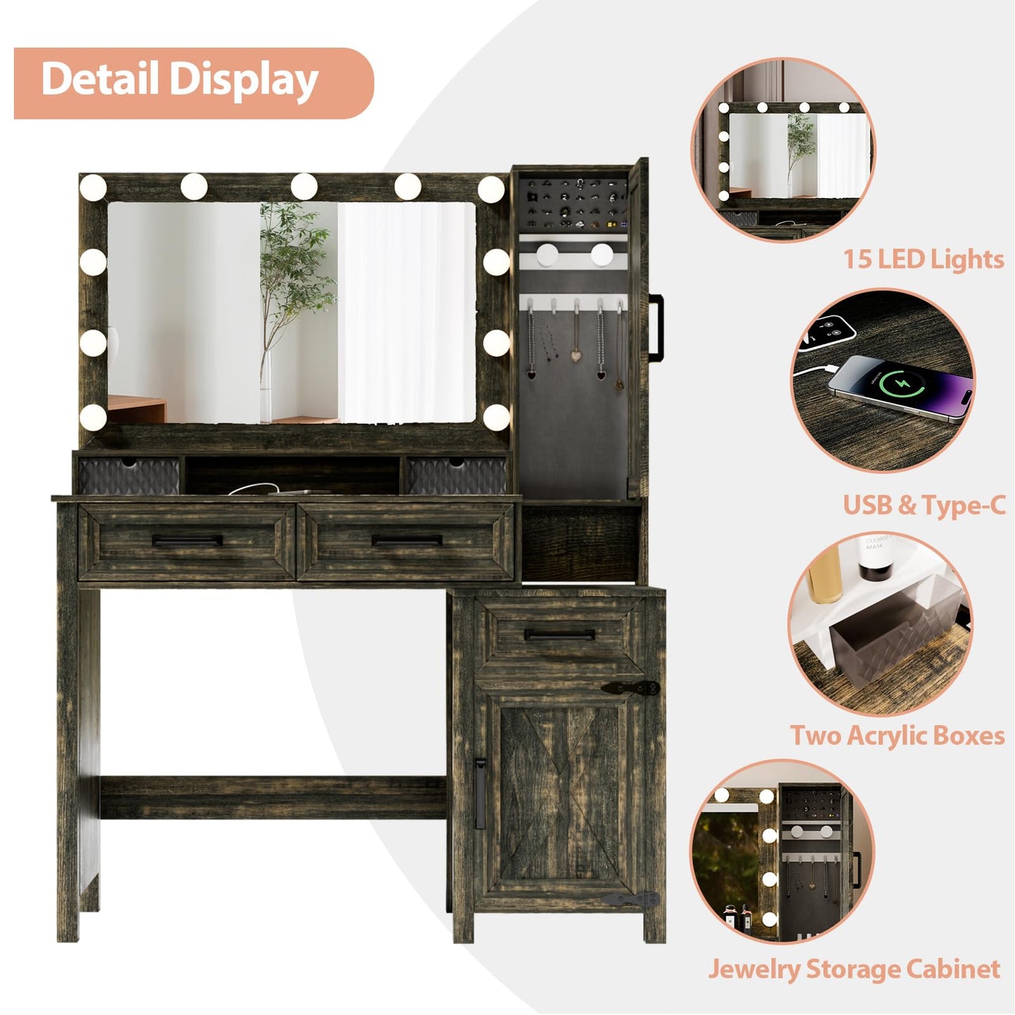 Trygoal Farmhouse Makeup Vanity with Motion Sensor Lights, Rustic Brown Vanity Desk with Mirror, Built-in Charging Station, Wood Dressing Table with 2 Drawers & Acrylic Organizers, 43.3" W