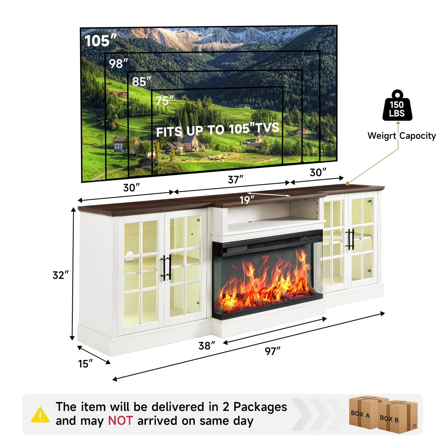 ROCKPOINT 97" Farmhouse Fireplace TV Stand with 3 Sided Glass 36" Electric Fireplace Heater for TVs up to 100", Media Entertainment Center with Adjustable Shelves and Large Storage Cabinets,White