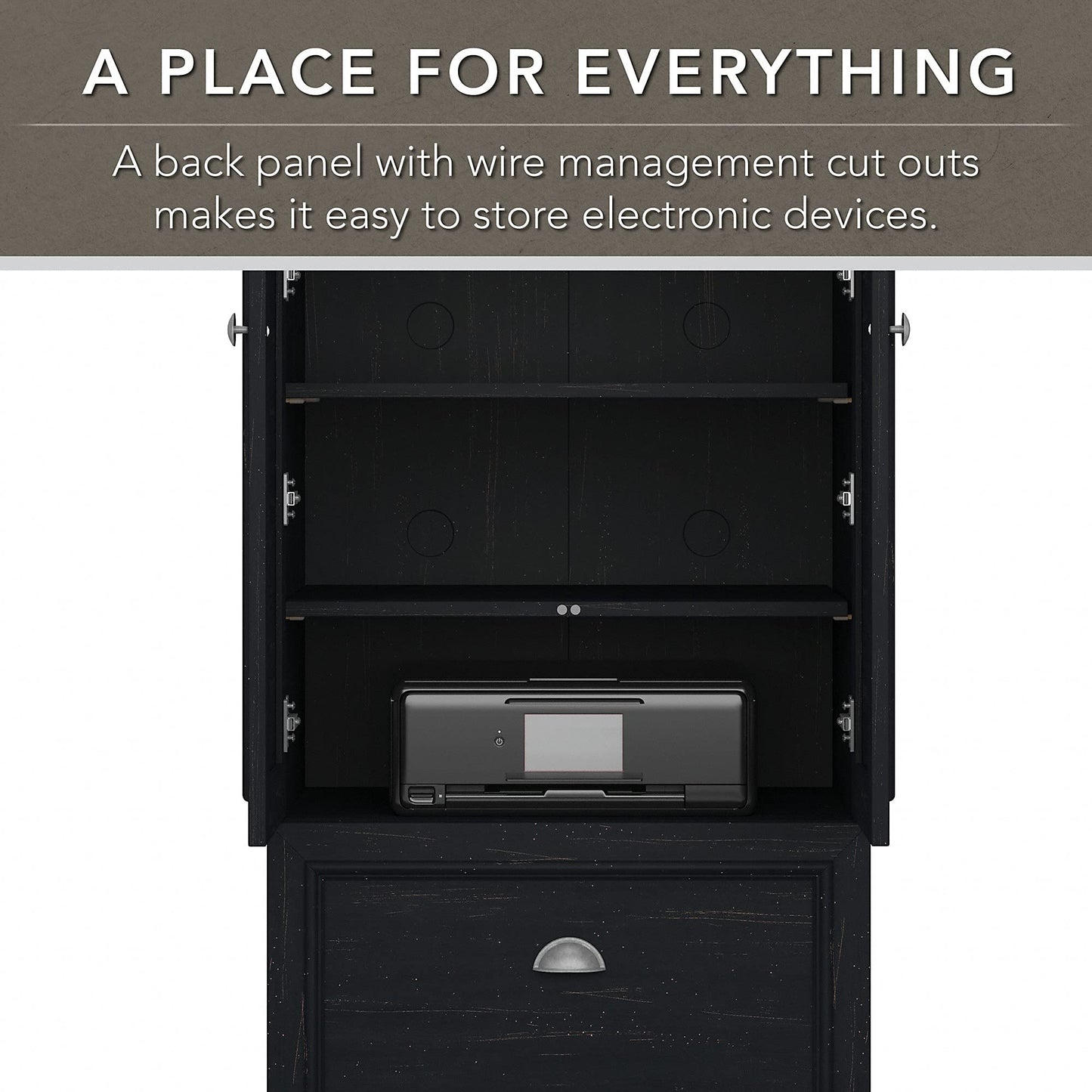 Bush Home Fairview 2 Door Storage Cabinet with File Drawer in Antique Black and Hansen Cherry