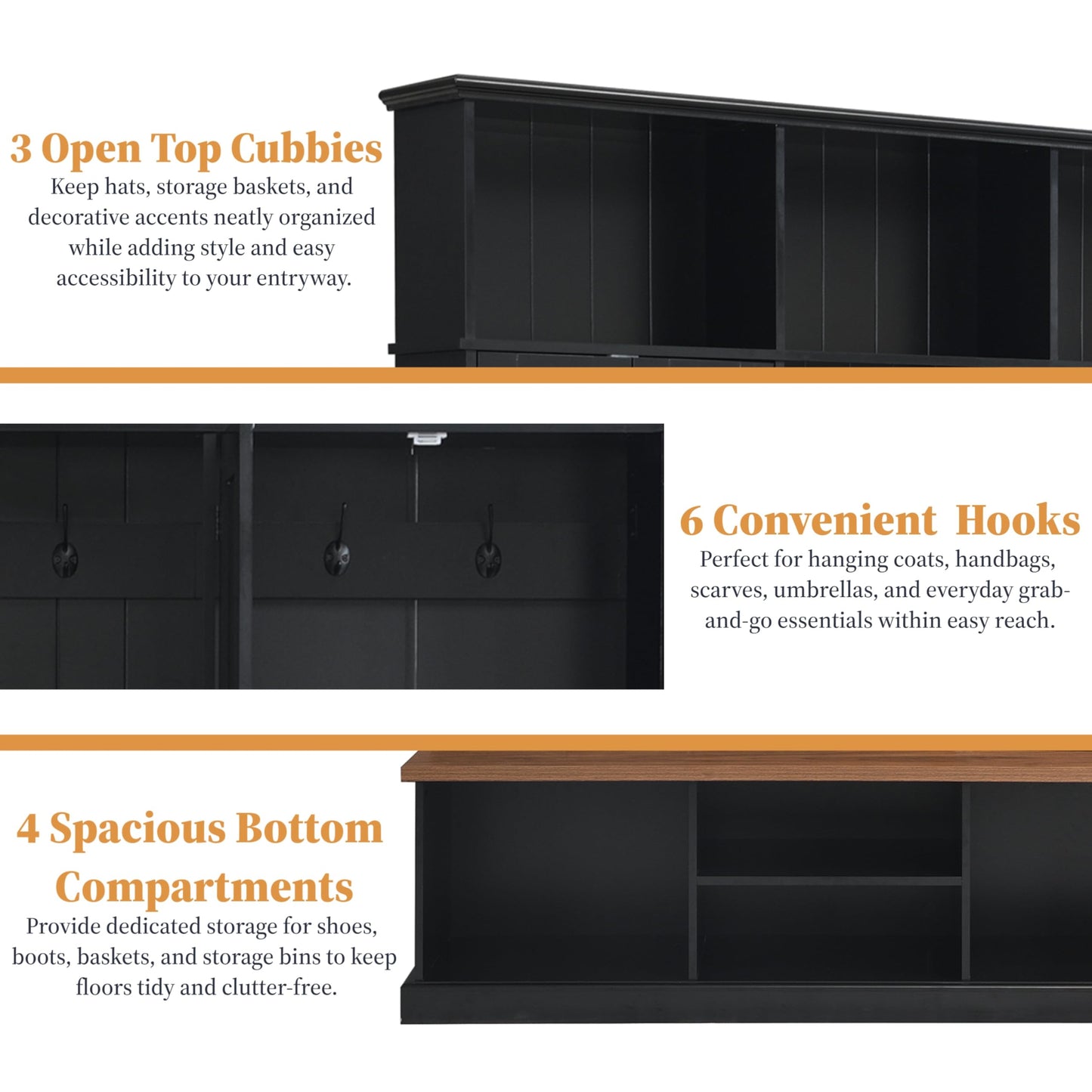 SYMCAVE Hall Tree with Bench and Shoe Storage,Shoe and Coat Rack with Drawer and Hooks,Farmhouse Furniture for Entryway,Mudroom,Living Room,Black (Black, 62.2" W)