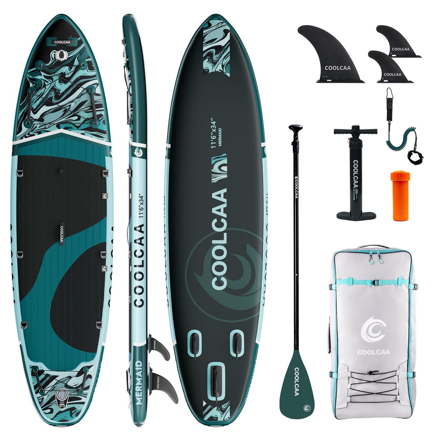 COOLCAA Mermaid 11'6" Inflatable Stand-Up Paddle Board, 490Lbs Capacity SUP Board with 34'' Extra Wide, Fishing Paddleboard with Accessories & Bag for Adults Youth (Phantom Stream)