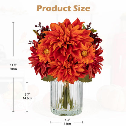 Briful Fake Fall Flowers with Vase, Artificial Dahlia & Mum Silk Floral Arrangement with Glass Vase Faux Autumn Flowers Bouquet for Home Office Room Coffee Table Centerpiece Wedding Decoration