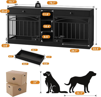 GAOMON Dog Crate Furniture for 2 Dogs, 78.7'' Large Dog Kennel Indoor with 2 Storage Drawers, 3 Shelves and Feeding Bowls, Double Dog Crate TV Stand for Small and Medium Dogs, Black