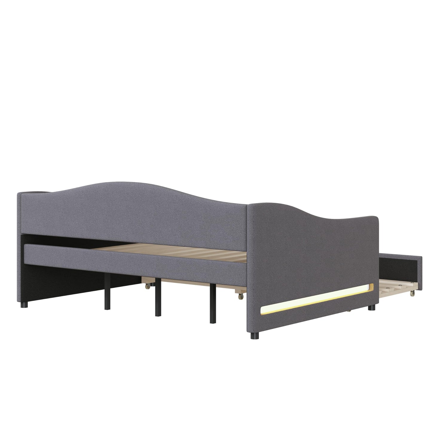 Merax Full Size Upholstered Daybed with Light and Trundle, Gray Teddy Fleece Sofa Bed Modern Wooden Platform Bed Frame for Bedroom, Living Room, Guest Room, Apartment