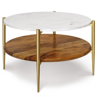 SIMPLIHOME Wagner Coffee Table - 30 inch Wide Solid Acacia Wood and Genuine Marble Round Living Room Table in White and Natural, Mid-Century Modern Table for Family Room with Gold Metal Base and Legs