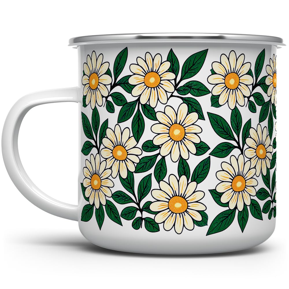 Floral Daisy Enamel Camping Coffee Mug, Nature Botanical Gift Cup for Women, Mom, Daughter (12oz)