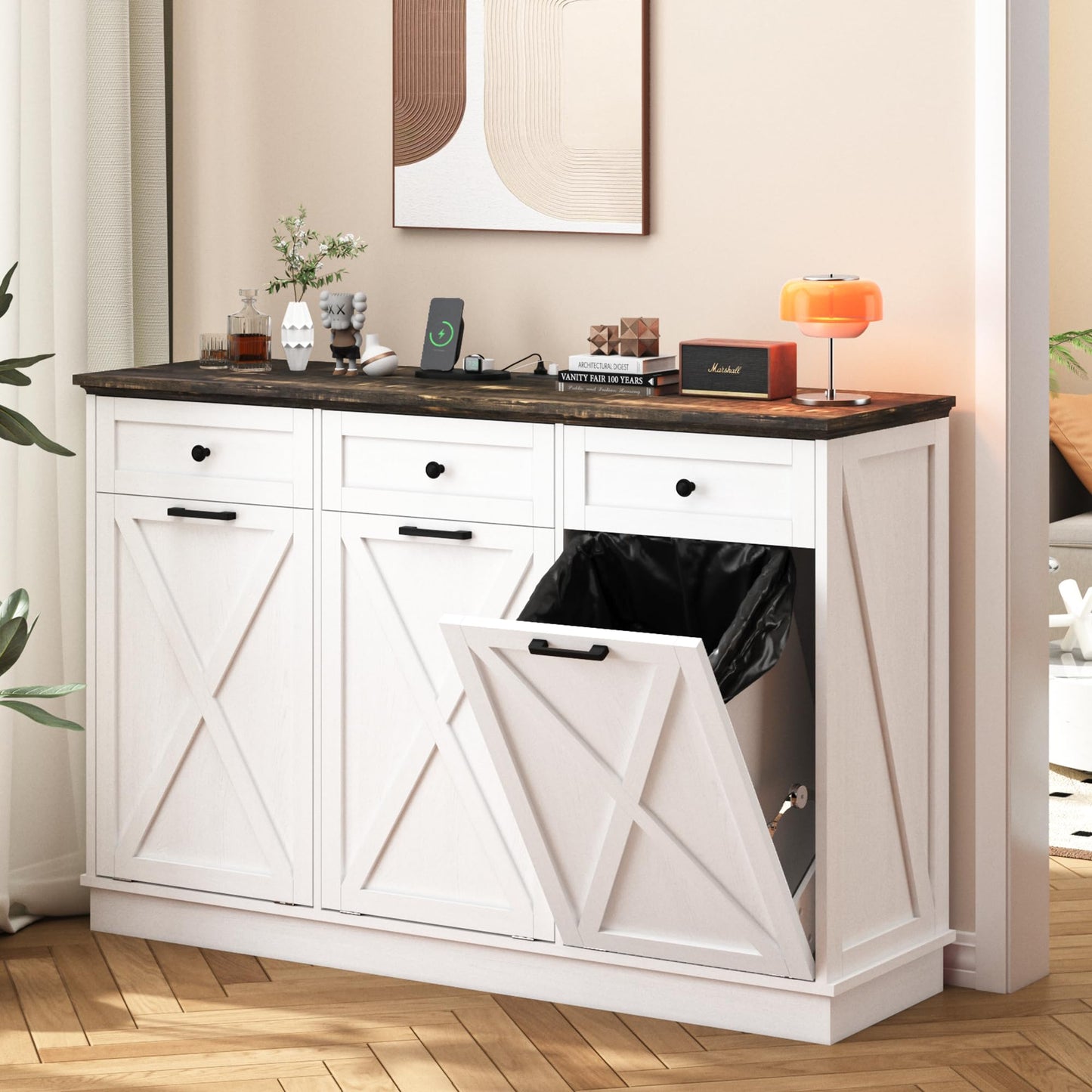 Triple Tilt-Out Trash Can Cabinet, 39 Gallons Wooden Kitchen Garbage and Recycling Bin with 3 Hideaway Drawers, Power Outlets, Pet Proof - Freestanding Laundry Hamper Storage for Bathroom, White