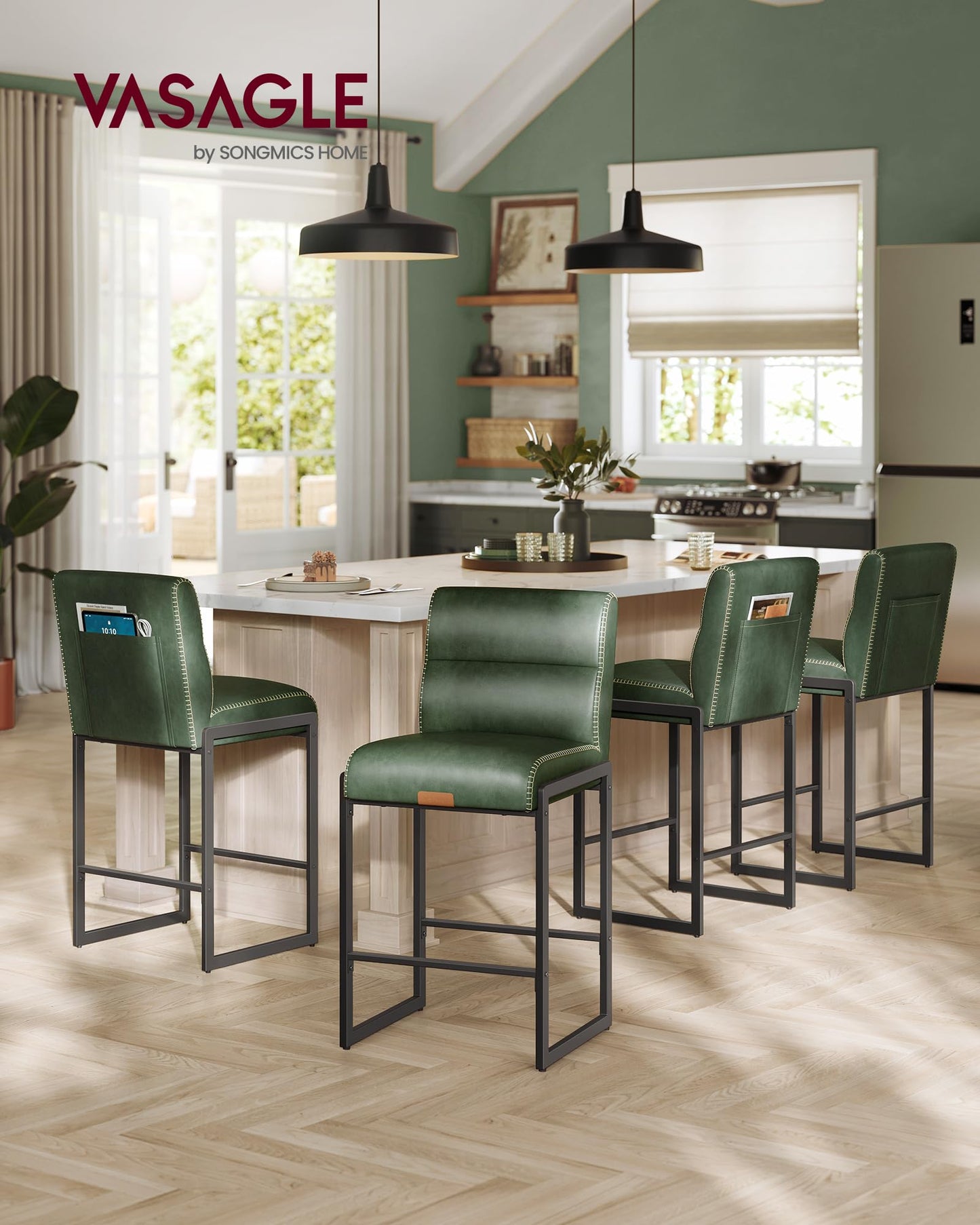 VASAGLE EKHO Collection - Bar Stools Set of 4, Counter Height Stools with Backs, 26.4-Inch Barstools Chairs, Synthetic Leather with Stitching, Mid-Century Modern, Dining Kitchen Island, Forest Green