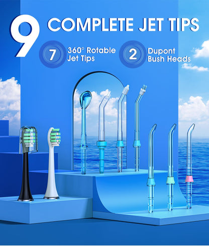 Electric Toothbrush and Water Flosser,600ML Oral Irrigator Water Flosser with 7 Jet Tips,10 Adjustable Pressure Settings,Sonic Electric Toothbrush with 2 Brush Heads,5 Modes(Black)