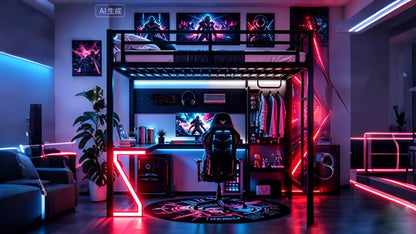 Bellemave Queen Size Gaming Loft Bed with L-Shaped Desk, Computer Tray, Peg Board & USB Ports, Metal Queen Loft Bed Frame with RGB Lights & Storage Shelves for Teens, Black