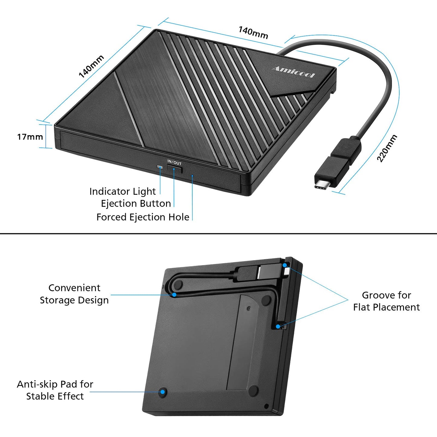 Amicool External DVD Drive USB 3.0 USB C CD Burner CD/DVD +/-RW Optical Drive, Slim Portable DVD CD ROM Rewriter Writer Duplicator for Laptop Desktop PC Windows 11/10/8/7 MacBook Mac Linux OS Apple