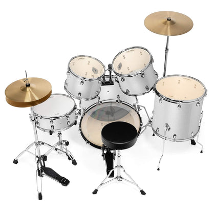 Ashthorpe 5-Piece Full Size Adult Drum Set with Remo Heads & Premium Brass Cymbals - Complete Professional Percussion Kit with Chrome Hardware - Silver