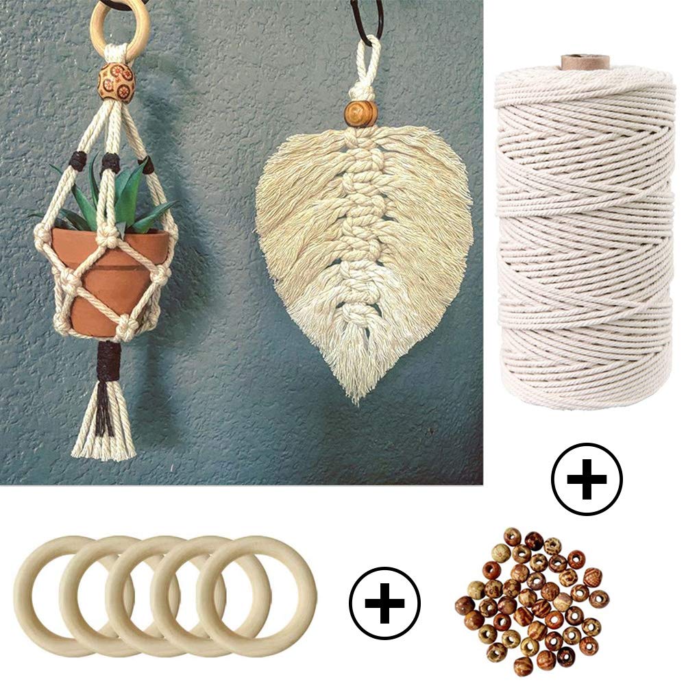 169pcs Macrame Kits for Beginners 3mm x 220yards Natural Cotton Macrame Cord Wall Hanging Kit, Best Macrame Supplies for Macrame Plant Hanger with Wooden Beads,Wooden Rings,Wooden Sticks,S Hooks