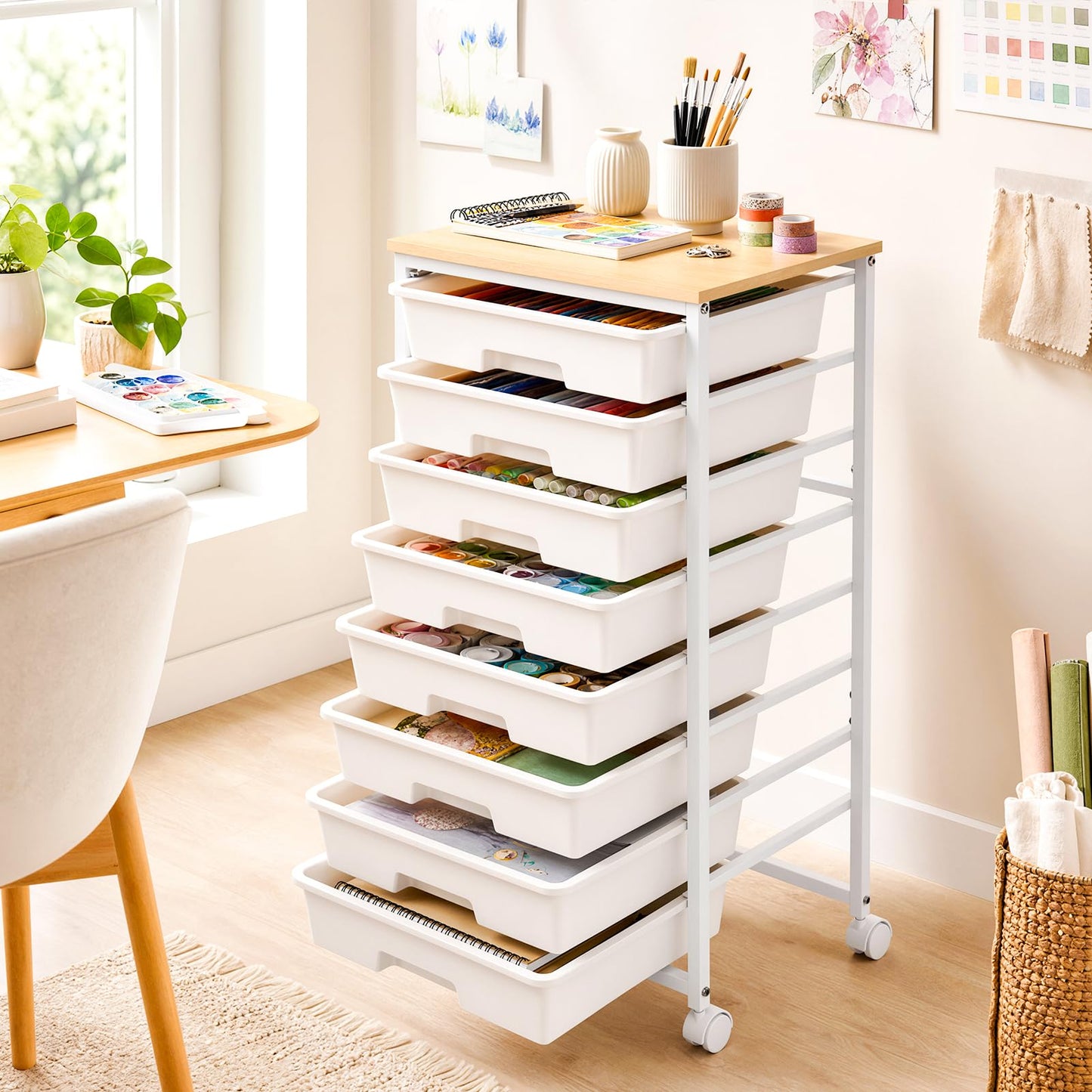 LEHOM Rolling Storage Cart with 8 Drawers, Utility Cart on Wheels with Metal Frame and Wooden Tabletop for Living Room Bedroom Dorm, Office Storage & Art Supply Craft Organizer for Classroom