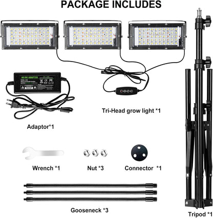 LBW 150 3/6/12H 6 Dimmable 3 15-63 inches Grow Light with Stand, Tri-Head LED Plant Light for Indoor Plants, Full