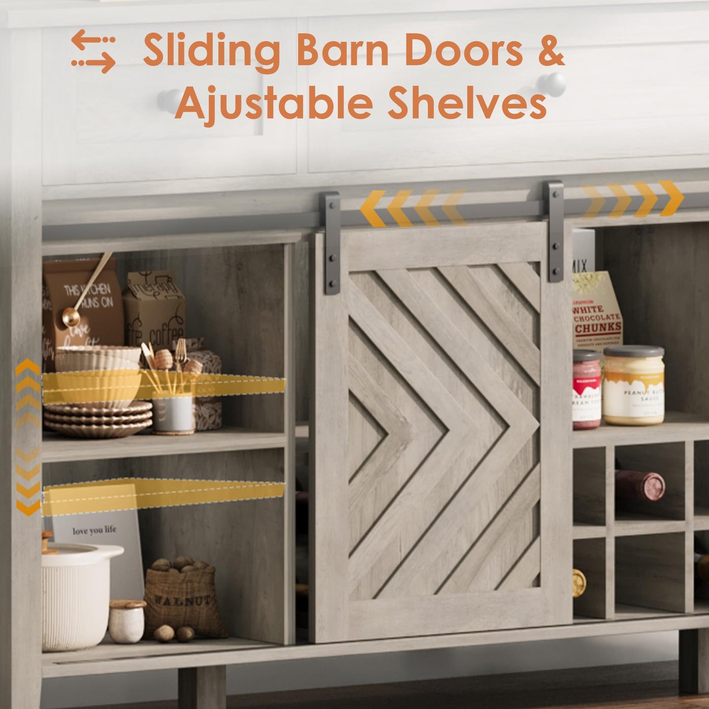 IDEALHOUSE 59'' Farmhouse Buffet Cabinet with Sliding Barn Door, 33.4'' Tall Wood Rustic Sideboard with 3 Drawer, Adjustable Shelf and Removable Wine Rack for Dining Room, Kitchen, Vintage