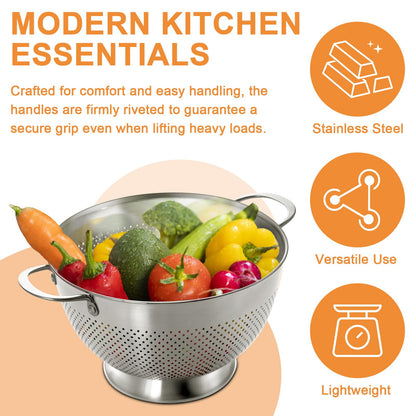 Stainless Steel Colander for Kitchen | 5 Quart Durable Rice and Pasta Strainer with Handle | Oversized Handles | Nesting Design | Rust-Resistant & Dishwasher Safe