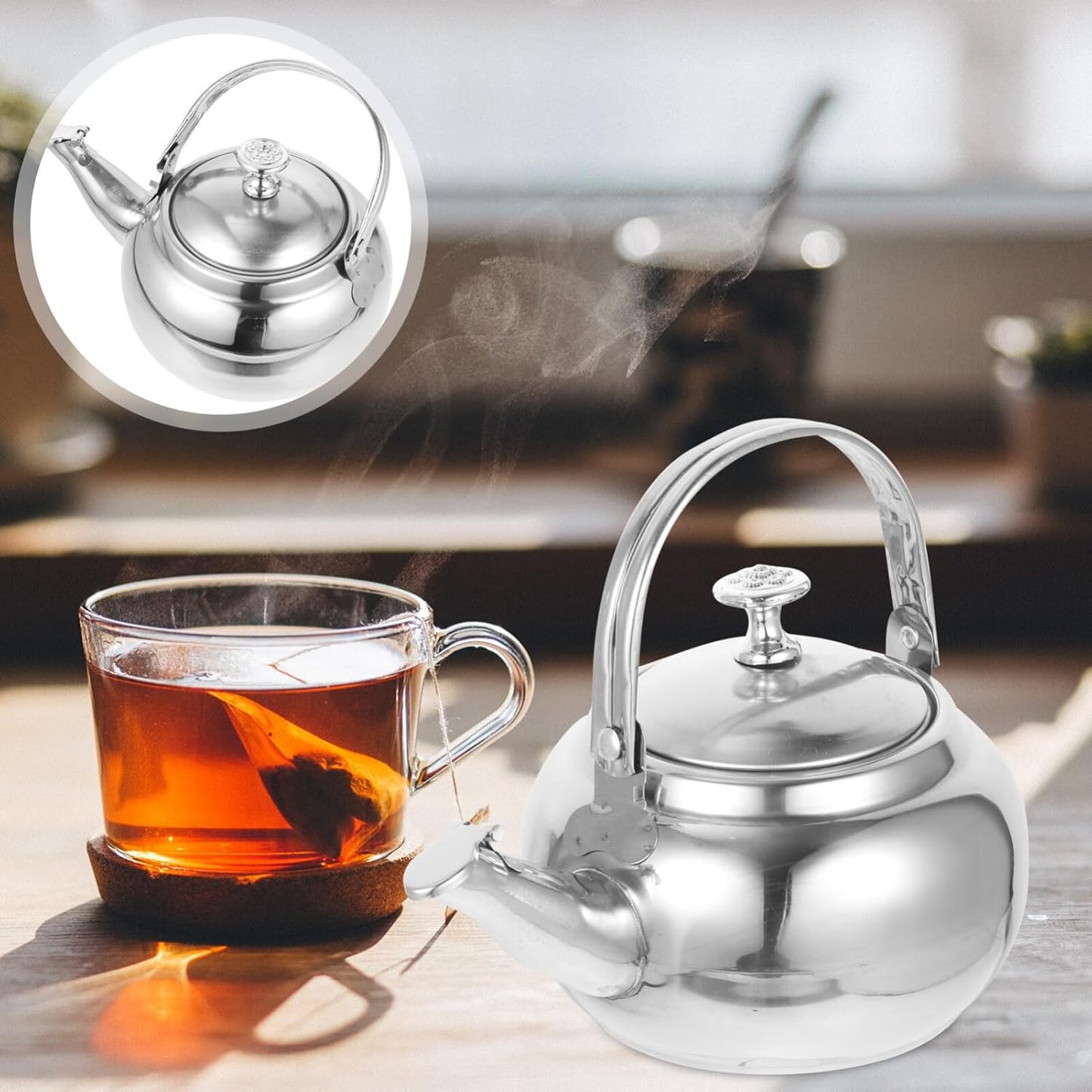 PRETYZOOM Stainless Steel Tea Pot with Infuser, 14cm Stovetop Teapot for Blooming and Loose Leaf Tea, Silver