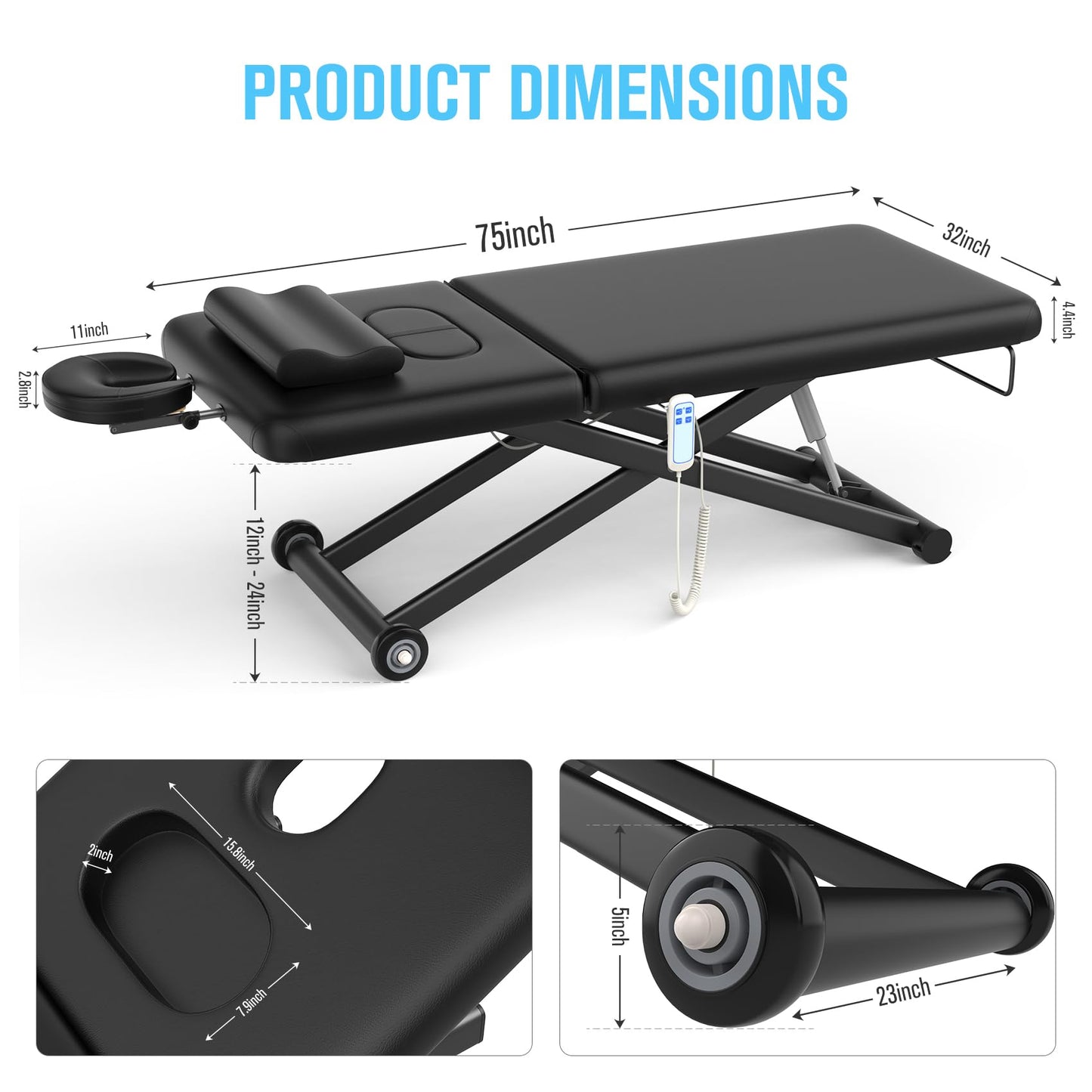 Electric Massage Bed with Adjustable Height and Backrest, Electric Massage Table for Treatment, Physical Therapy and Spa Facial Bed, 2 Motor, Hydraulic Equipment, Remote Control, 32 W x 75 L, Black
