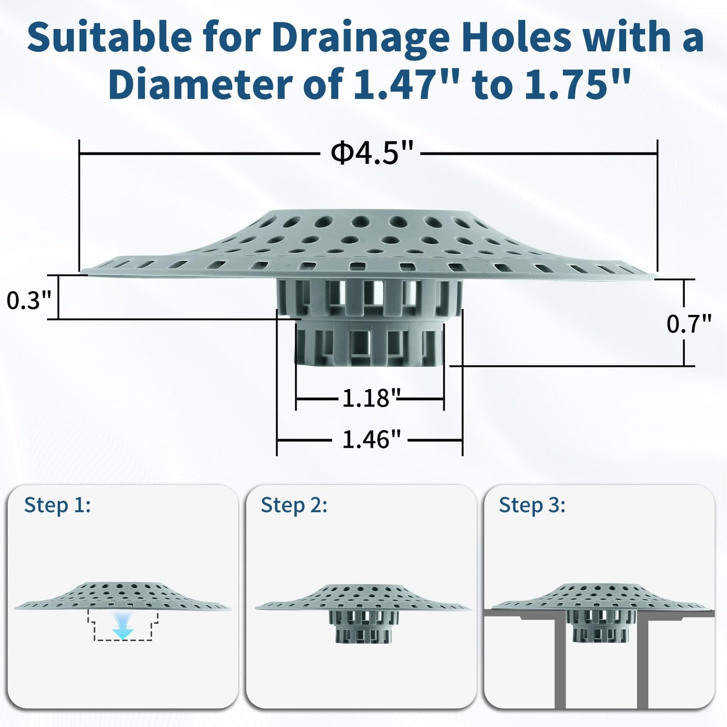 Bathtub Drain Hair Catcher,Tub Shower Drain Hair Trap/Strainer,3PCS Silicone Collapsible Tub Hair Catcher Drain Protector Designed for 1.47" to 1.75'' Regular Drains(Dark Gray)