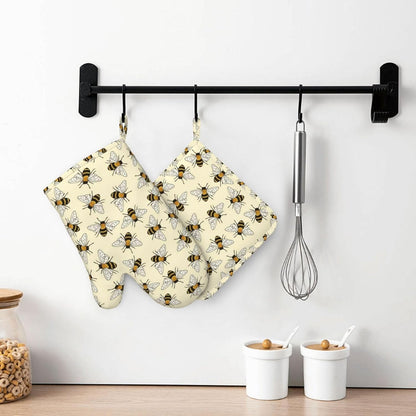 Happy Busy Bees Kitchen Mitts and Pot Holders Set, 4Pcs Silicone Bees Oven Gloves, Heat Resistant Potholders for Baking