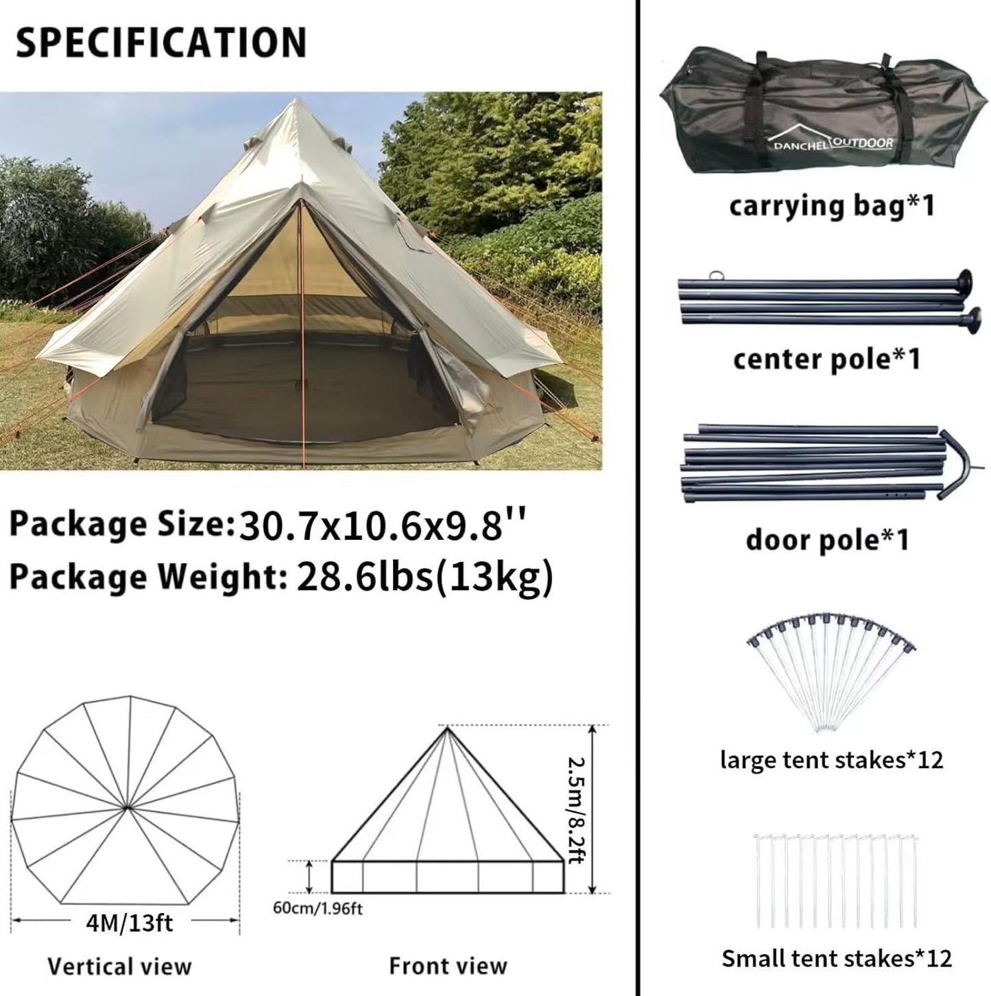 DANCHEL OUTDOOR B2 Portable Yurt with Sun Shelter for All Year Living, 4 Season Bell Tent 4 Person Family Camping Glamping Party 300D Oxford Khaki,4m/13ft