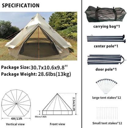 DANCHEL OUTDOOR B2 Portable Yurt with Sun Shelter for All Year Living, 4 Season Bell Tent 4 Person Family Camping Glamping Party 300D Oxford Khaki,4m/13ft