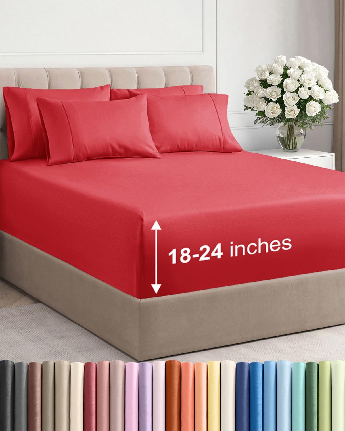 Skiennix Extra Deep King Sheet Set | 6-Piece Breathable Cooling Bedding - Luxury Red Sheets with Secure Fit