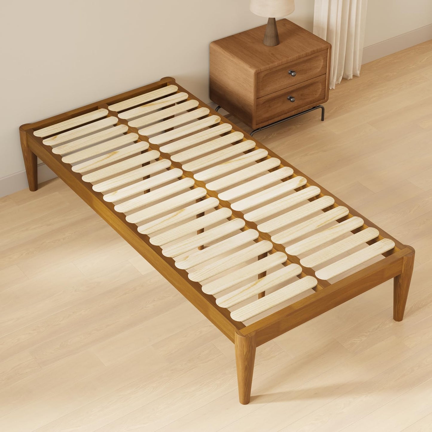 IOTXY Twin-XL Platform Bed Frame - Solid Wood 16-Inch Height Mattress Foundation Base with Densely Slats and Heavy-Duty Support Legs, No Box Spring Needed, Teak