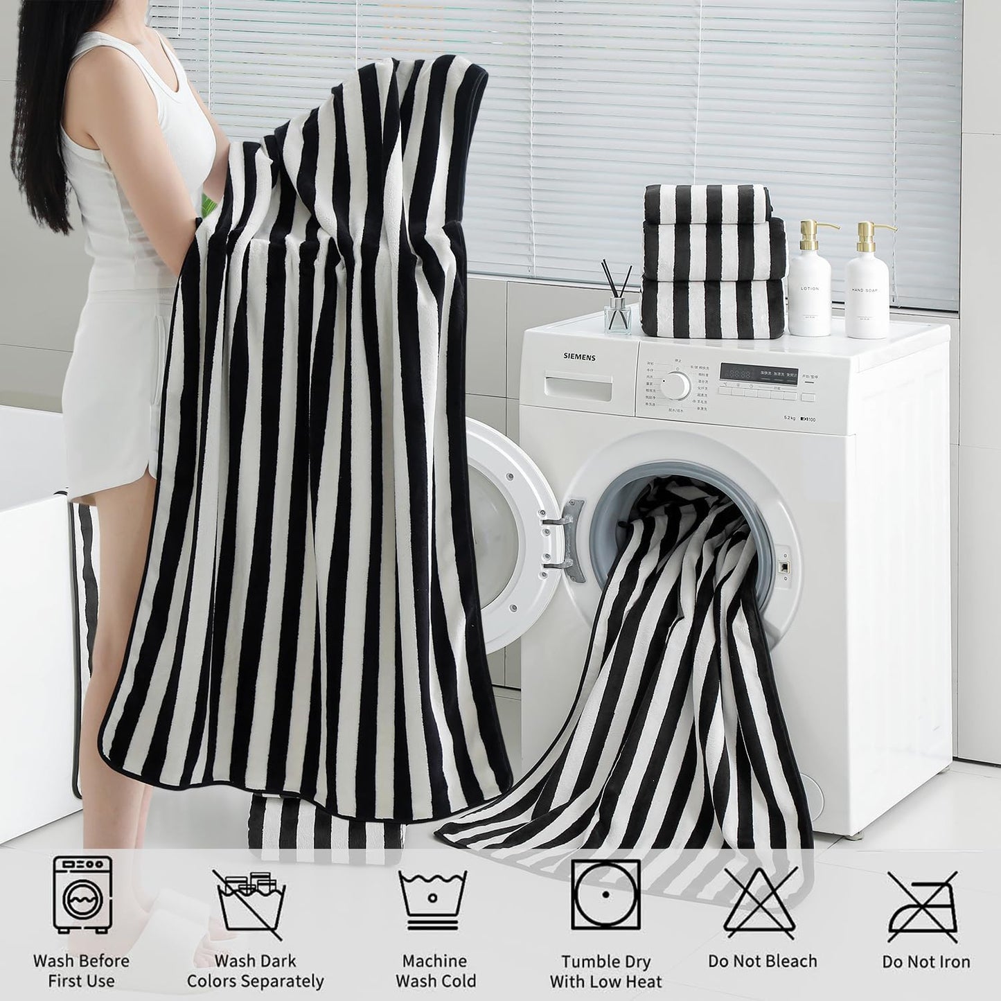 18 Set Loop-6 Towels,6 Towels,6 Set Pcs Black White Stripe Bath Towel with Hanging Bath Hand Washcloths Soft Family